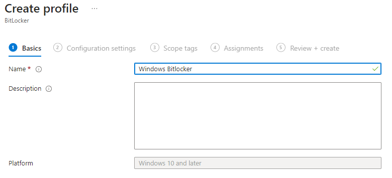 BitLocker policy Basics tab with policy name